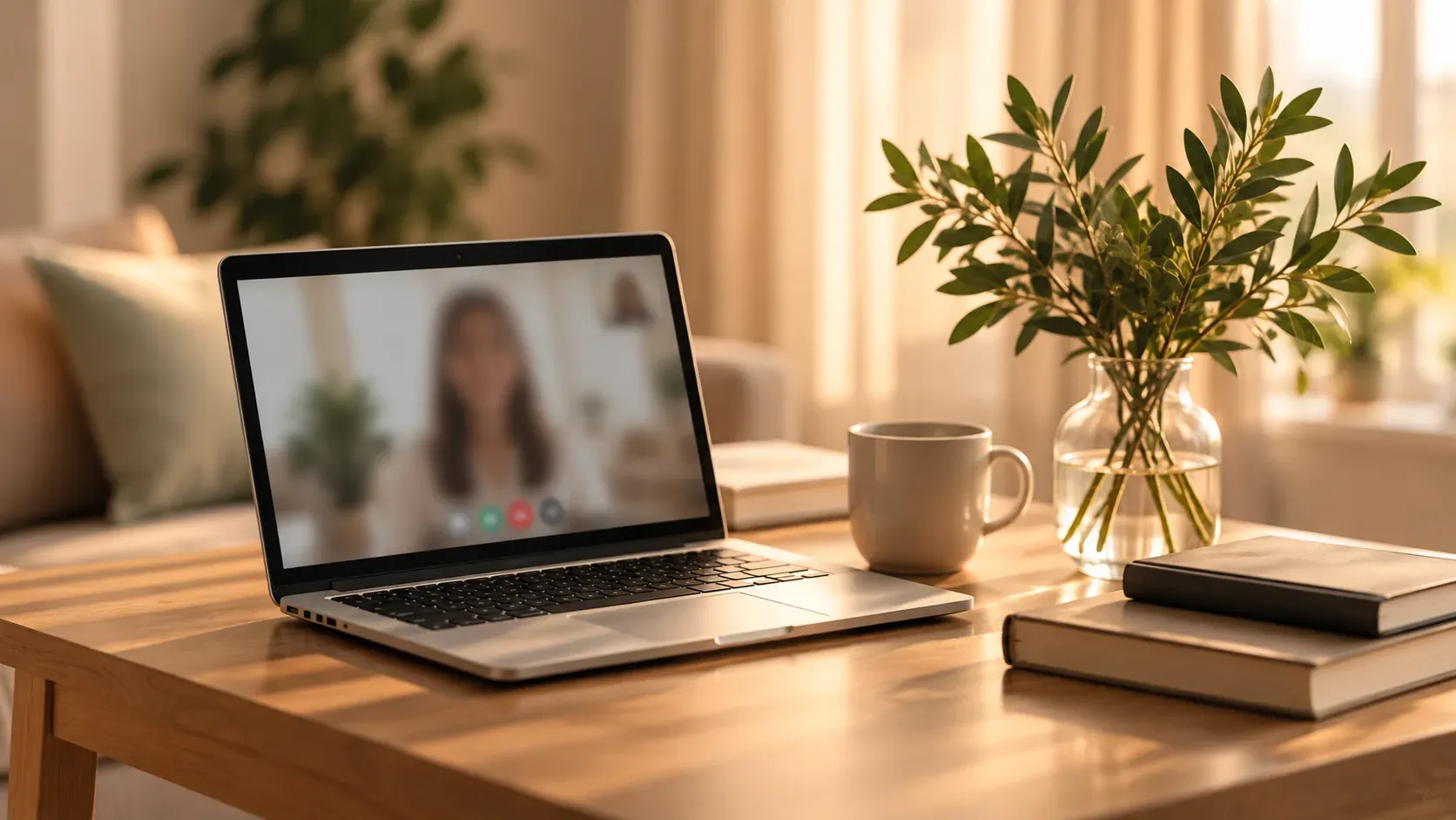 Laptop na stolu u toploj dnevnoj sobi, spreman za onlajn seansu